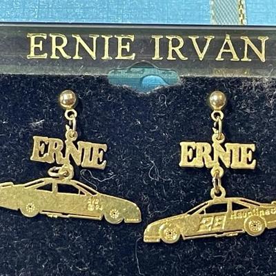 New Never Used Ernie Irvan Pierced Gold-tone Surgical Steel NASCAR Car Stud Earrings Made in USA as Pictured.