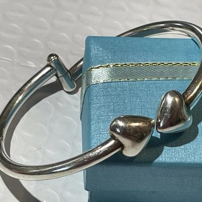 Vintage Double Heart Sterling .925 Silver Hinged Bangle Bracelet 7.5"to 8" Wrist Size in Good Preowned Condition.