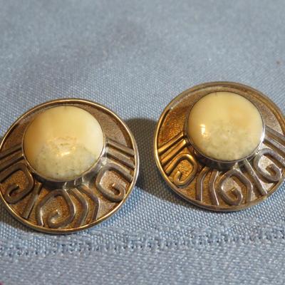 Vintage Zealandia Pierced Earrings - Sterling Silver w/ Fossilized Bovine Bone