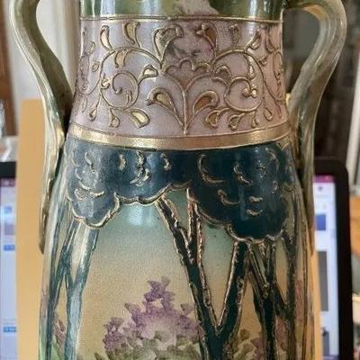Antique EARLY Nippon/UnMarked c1850's Hand Painted Pottery Vase/Urn Double Handled 14.50" Tall in Fair-Good Condition as...