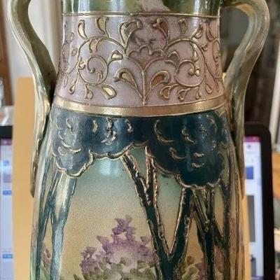 Antique EARLY Nippon/UnMarked c1850's Hand Painted Pottery Vase/Urn Double Handled 14.50