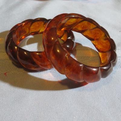 Vintage Bakelite Root Beer Carved Bracelet - Lot of 2