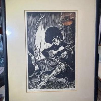 MERVIN JULES (American 1912-1994) "Quiet Moment" Boy with Guitar Original Woodcut Lithograph 101/250, Black and White Framed...