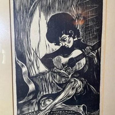 MERVIN JULES (American 1912-1994) "Quiet Moment" Boy with Guitar Original Woodcut Lithograph 101/250, Black and White Framed...