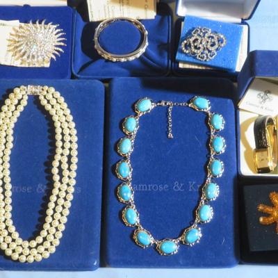Camrose and Kross JBK Jewelry Lot 7pcs -Silver Howlite Turquoise Color Necklace - Crystal Sunburst brooch +++