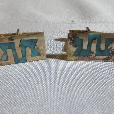 Vintage Taxco Mexico Serling Silver with Turquoise Inlay Cufflinks