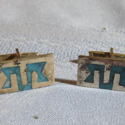 Vintage Taxco Mexico Serling Silver with Turquoise Inlay Cufflinks