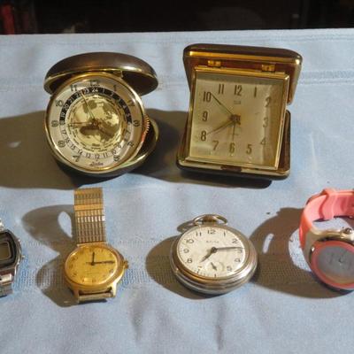 Wrist Watch & Travel Alarm Clock Lot - Elgin & Time Work Great, The others are parts of repair