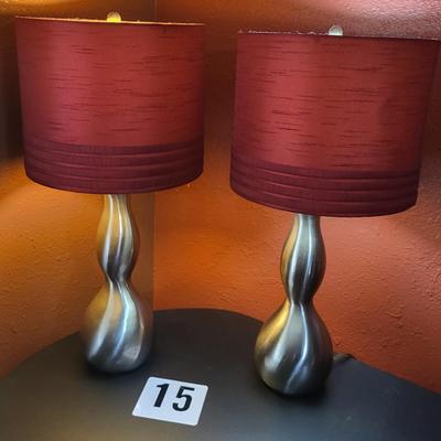 2 Silver Base Lamps with Maroon Shades - 23 Height to Finnell