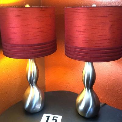2 Silver Base Lamps with Maroon Shades - 23 Height to Finnell