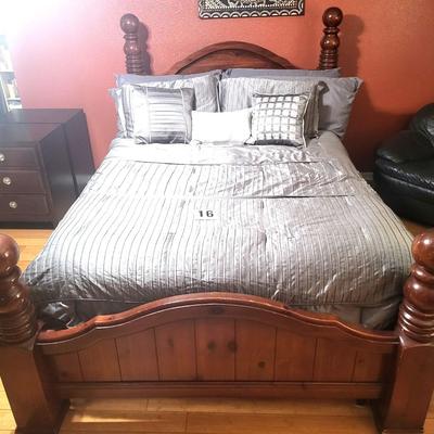 Queen Elkin Collection Bed with Grey Madison Park Linen and Purple Hybrid Premier 3 Mattress