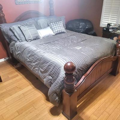 Queen Elkin Collection Bed with Grey Madison Park Linen and Purple Hybrid Premier 3 Mattress