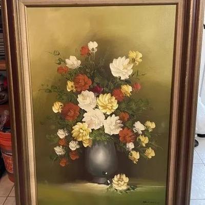 Mid-Century Flower Still Oil on Canvas Signed by "Mueller" Frame Size 32" x 44" Preowned from an Estate. Frame is a...