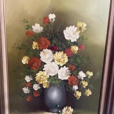 Mid-Century Flower Still Oil on Canvas Signed by "Mueller" Frame Size 32" x 44" Preowned from an Estate. Frame is a...