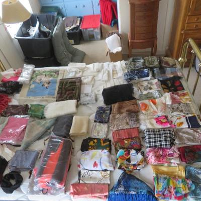 Silk Scarves and others - Group lot all seen on bed