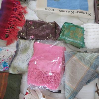 Silk Scarves and others - Group lot all seen on bed