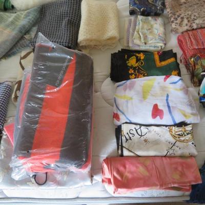 Silk Scarves and others - Group lot all seen on bed