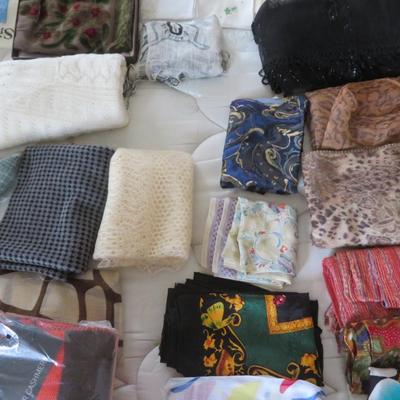 Silk Scarves and others - Group lot all seen on bed