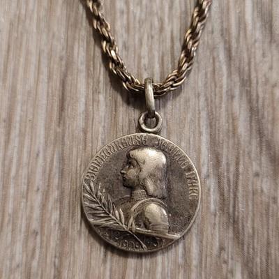 Antique Sterling Joan of Arc Pendant And Rope Chain