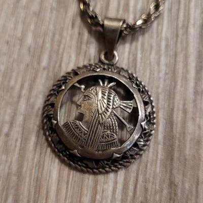 Antique Mayan Warrior Sterling Pendant with Rope Chain