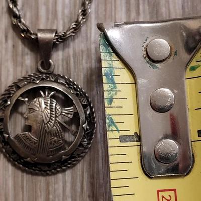 Antique Mayan Warrior Sterling Pendant with Rope Chain