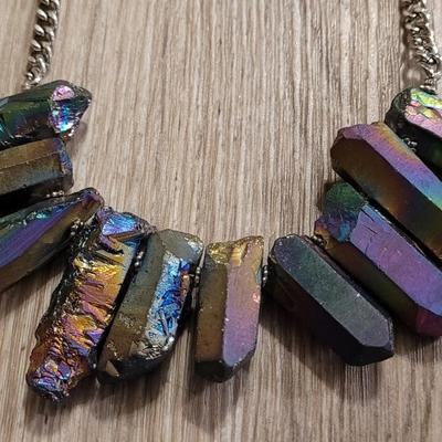 Vintage Lucite Yellow Green Chain Necklace & Rainbow Titanium QuartzNecklace