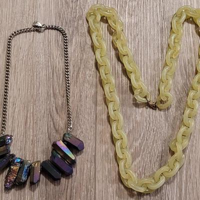Vintage Lucite Yellow Green Chain Necklace & Rainbow Titanium QuartzNecklace