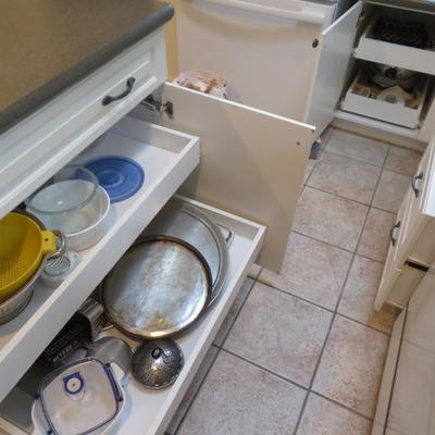 Kitchen Cabinet and Drawers Group lot - Tins Tupperware and Jars