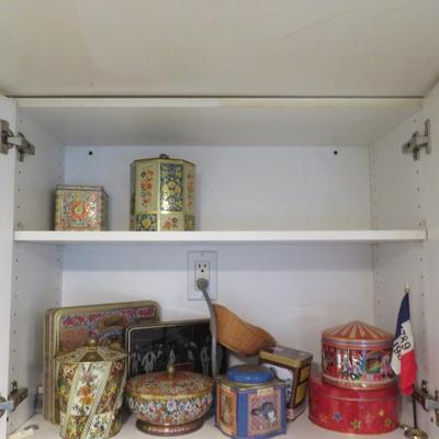 Kitchen Cabinet and Drawers Group lot - Tins Tupperware and Jars
