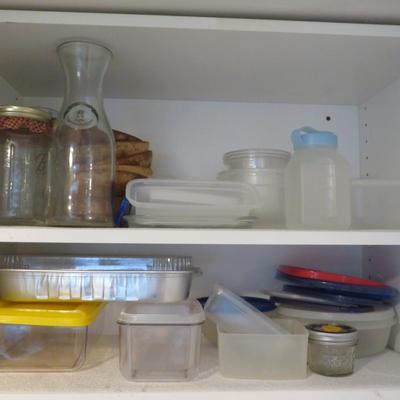 Kitchen Cabinet and Drawers Group lot - Tins Tupperware and Jars