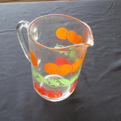Vintage Glass Juice Pitcher with Oranges, Tomatoes & Leaves Design 6 1/2" Tall