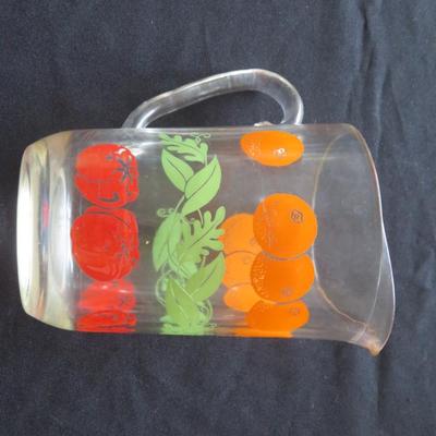 Vintage Glass Juice Pitcher with Oranges, Tomatoes & Leaves Design 6 1/2" Tall