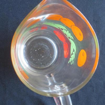 Vintage Glass Juice Pitcher with Oranges, Tomatoes & Leaves Design 6 1/2" Tall