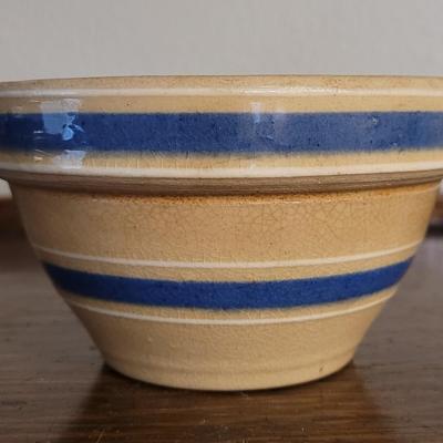 Vintage Creamy Tan, Blue, & White Stripe Bowl