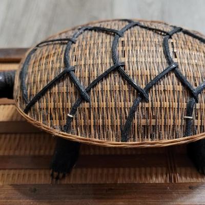 Vintage Wicker Basket with Wicker Woven Turtle on Top