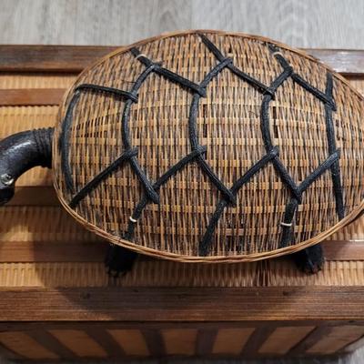 Vintage Wicker Basket with Wicker Woven Turtle on Top