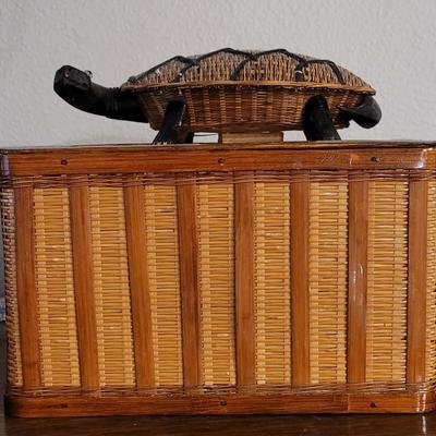 Vintage Wicker Basket with Wicker Woven Turtle on Top