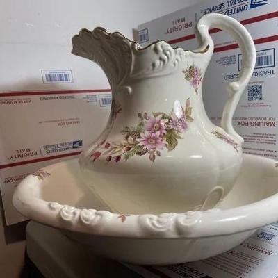 Vintage/Antique Pitcher 12" Tall & Bowl 15.25" Diameter Set Preowned from an Estate in Good Preowned Condition.