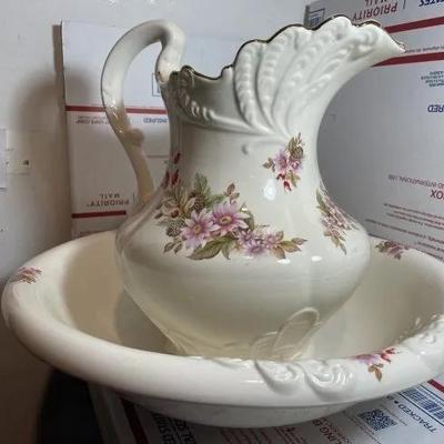 Vintage/Antique Pitcher 12" Tall & Bowl 15.25" Diameter Set Preowned from an Estate in Good Preowned Condition.