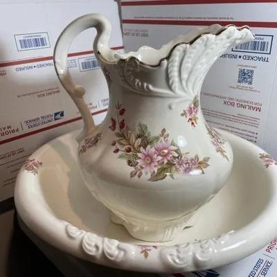 Vintage/Antique Pitcher 12" Tall & Bowl 15.25" Diameter Set Preowned from an Estate in Good Preowned Condition.