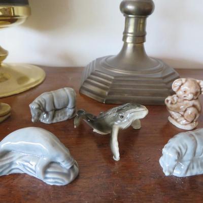 Mantle Top Lot of Estate Bric-a-Brac -Trinket Box - Bohemian / Czech / Cobalt Blue / Footed Vase - Wade Miniatures