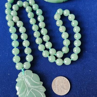 Asian Green Jade Beaded Necklace and Cuff