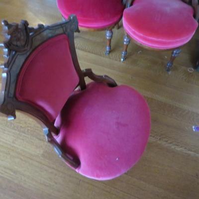 Red Victorian Chair, Lot of 3 Small Lady's chairs, velveteen and wood