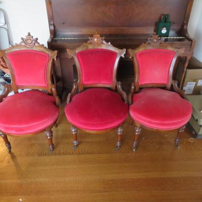 Red Victorian Chair, Lot of 3 Small Lady's chairs, velveteen and wood
