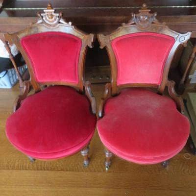 Red Victorian Chair, Lot of 3 Small Lady's chairs, velveteen and wood