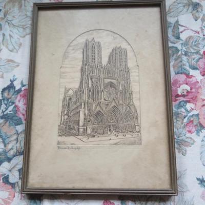 VINTAGE RHEIMS CATHEDRAL GENUINE STEEL ETCHING PRINT CARD - NOTRE DAME DE REIMS