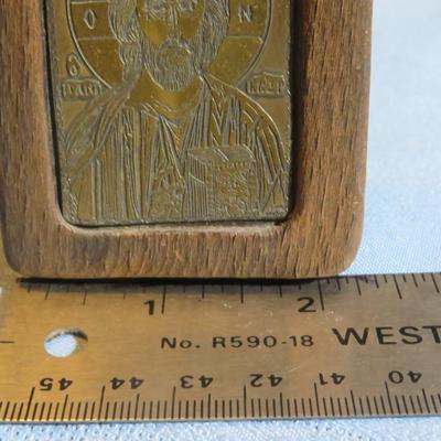 French vintage wooden religious decoration Jesus design brass color metal plaque