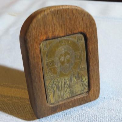 French vintage wooden religious decoration Jesus design brass color metal plaque