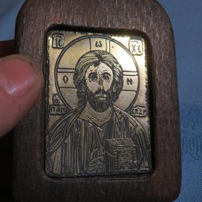 French vintage wooden religious decoration Jesus design brass color metal plaque