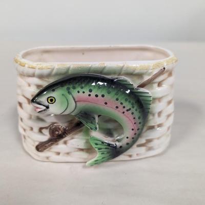 Vintage NAPCO Ceramic Fishing Creel Basket Planter